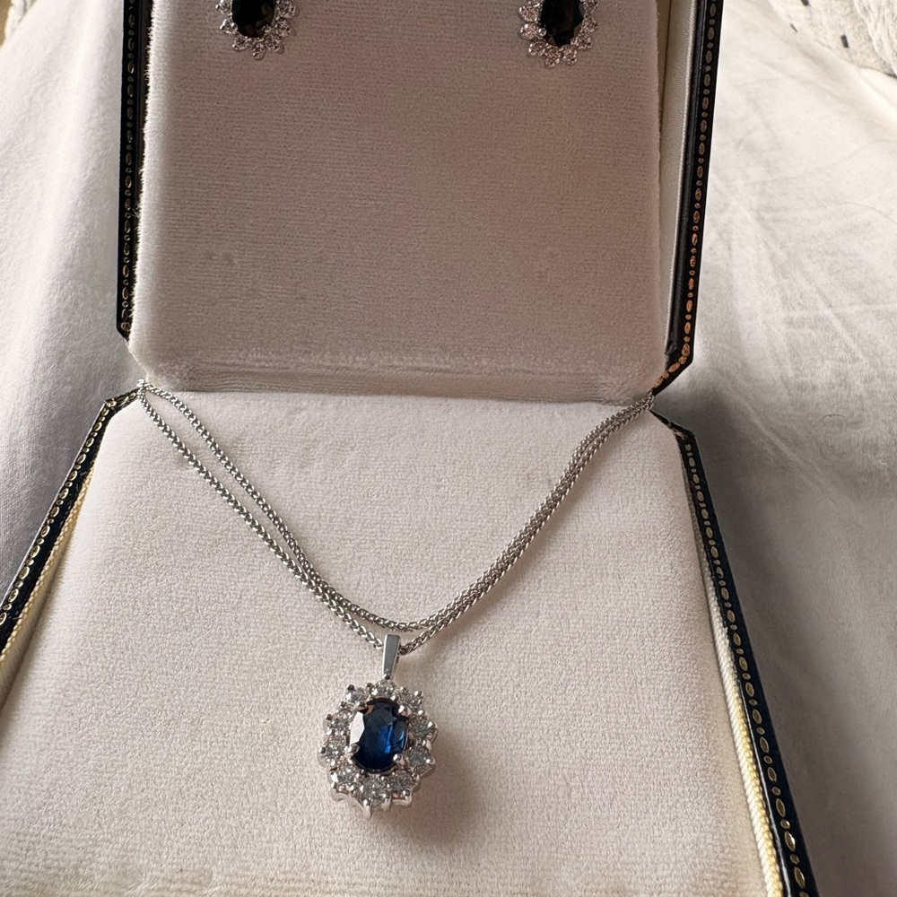 3 piece Sapphire Color Halo Pendant Necklace, earrings and ring. - Picture 4 of 7